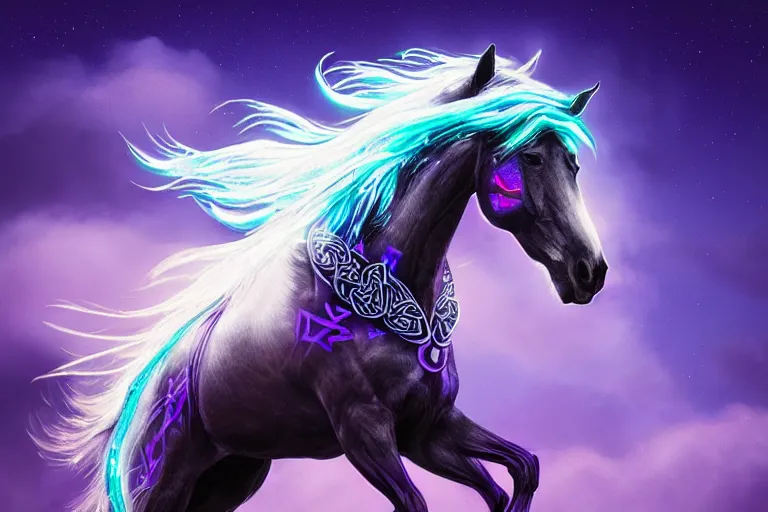 Image similar to a stunning horse with bioluminescent mane and tail jumping in the clouds by sandra chevrier and greg rutkowski, purple blue color scheme, celtic neon runes, vaporware, retro, outrun, high key lighting, volumetric light, digital art, highly detailed, fine detail, intricate, ornate, complex, octane render, unreal engine, photorealistic