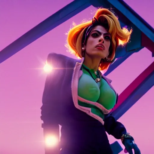 Prompt: cinematic scene with eva mendes as jolyne from jojo's bizarre adventure, live action film, stone ocean, dramatic, small details, volumetric lighting, still frame