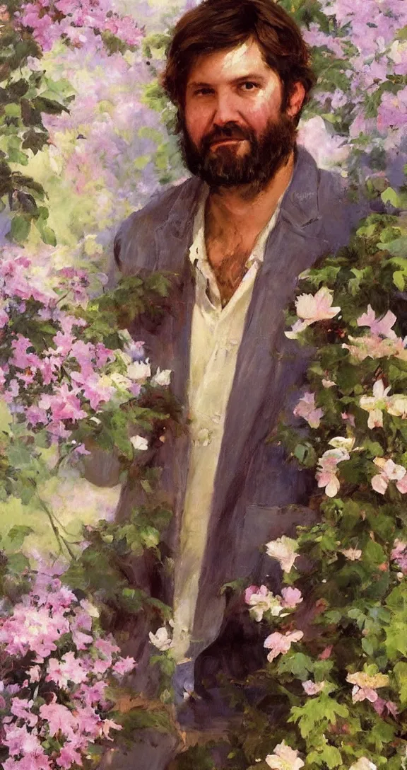 Image similar to romantic detailed portrait of gabriel boric surrounded by beautiful flowers, by gregory manchess, james gurney, james jean