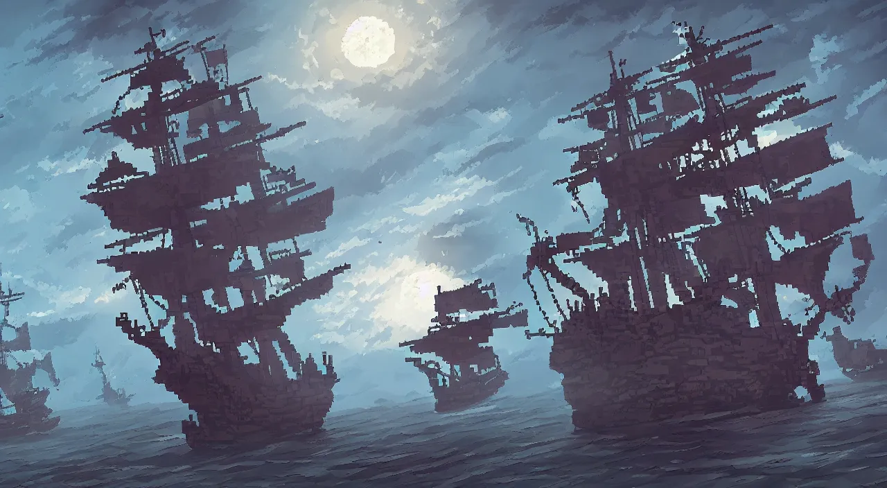 Image similar to Pixelart of a ghost pirate ship with a Jolly Roger flag, volumetric lighting, digital pixel art, pixiv, by Aenami