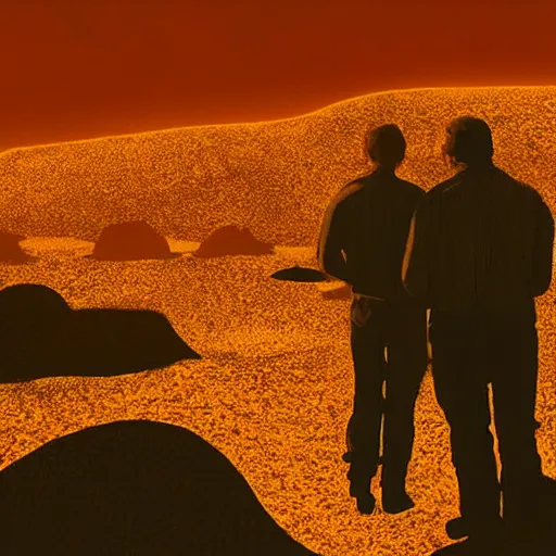 Image similar to giant fiery sun takes up most of the sky, two men look out over the horizon of a desert with plants on fire, anamorphic film still