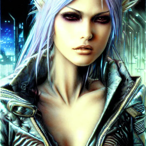 Prompt: an award finning closeup portrait by clyde caldwell and luis royo of a very beautiful and attractive female bohemian cyberpunk traveller aged 2 1 in excessively fashionable cyberpunk gear