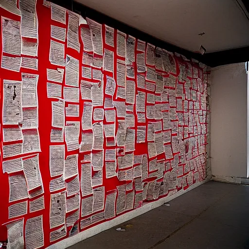 Prompt: a wall haphazardly covered in newspaper headlines with red yarn crisscrossing all over them chaotically, made by a schizophrenic journalist, polaroid photograph