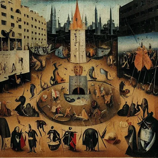 Image similar to hieronymous bosch painting of wall street filled with tortured bankers and suffering traders