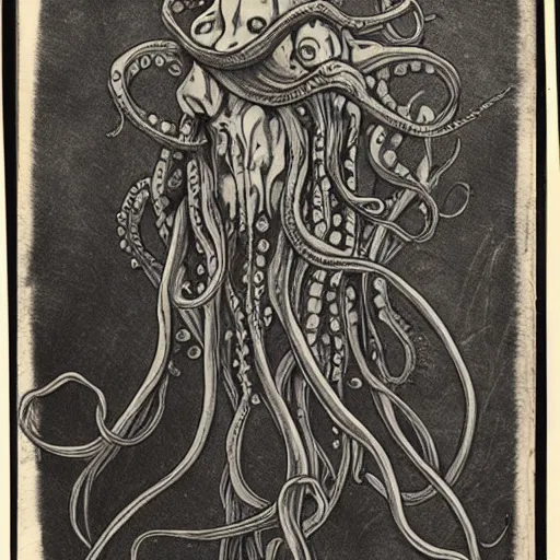 Image similar to ambrotype of a cthulhu high priestess. tangle of tentacles