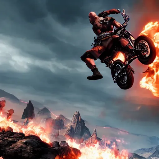 Image similar to kratos jumping a black harley - davidson motorcycle off a cliff, cinematic render, playstation studios official media, god of war 2 0 1 8, flames, centered