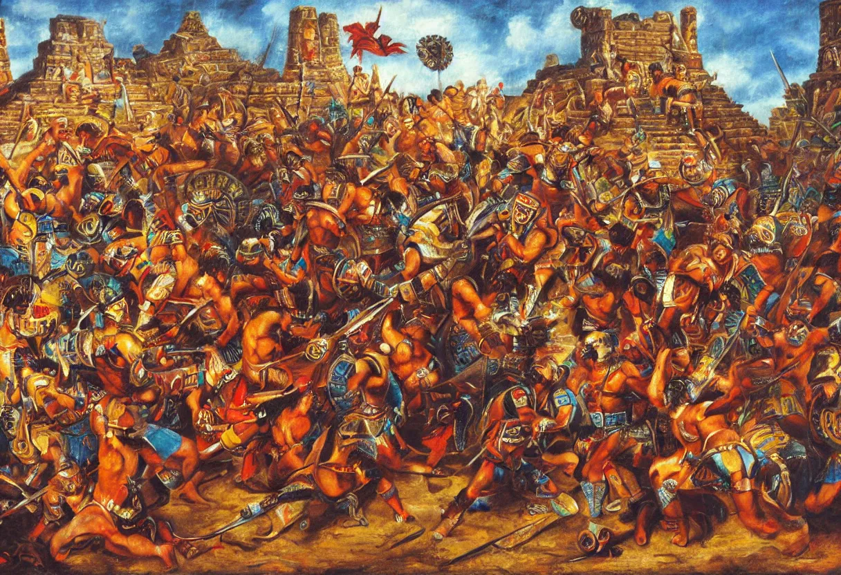 Prompt: aztec warriors fighting on an aztec temple, colorful oil painting