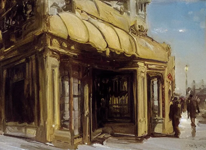 Image similar to artwork painting of the storefront front of a building by ivan shishkin, john singer sargent