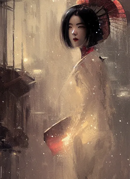 Image similar to female geisha girl, beautiful face, bladerunner, rule of thirds, intricate outfit, spotlight, by greg rutkowski, by jeremy mann, digital painting