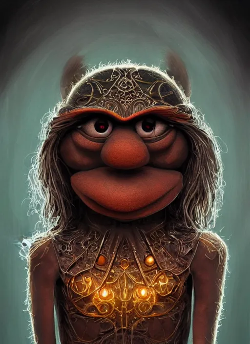 Prompt: occult muppet with glowing haunted eyes, metal skin, intricate, elegant, highly detailed, centered, digital painting, artstation, concept art