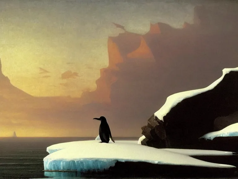 Prompt: an oil painting of a penguin playing in pure white snow on an iceberg in a serene ocean at dusk. aurora. by beksinski tuomas korpi moebius and carl spitzweg. baroque elements. intricate artwork by caravaggio. oil painting. oil on canvas. award winning. dramatic. trending on artstation. 8 k