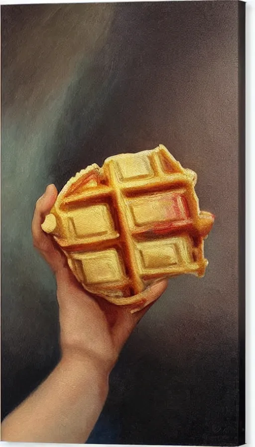 Image similar to still-life painting of a hand holding a waffle cone containing 3 scoops of colorful gelato by Peder Krøyer, lush garden, golden hour, dramatic lighting, volumetric lighting, intricate detail, canvas print