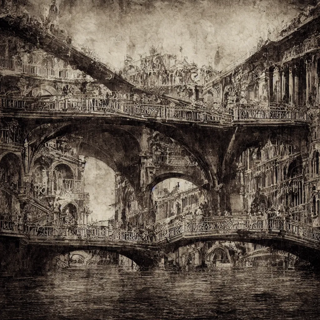 Image similar to oniric dream of the bridges of venice by piranesi, composition, cinematic, rule, grid