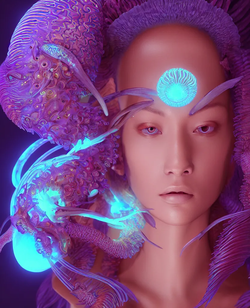 Image similar to goddess close-up portrait. orchid jellyfish phoenix head, nautilus, skull, betta fish, bioluminiscent creatures, intricate artwork by Tooth Wu and wlop and beeple. octane render, trending on artstation, greg rutkowski very coherent symmetrical artwork. cinematic, hyper realism, high detail, octane render, 8k