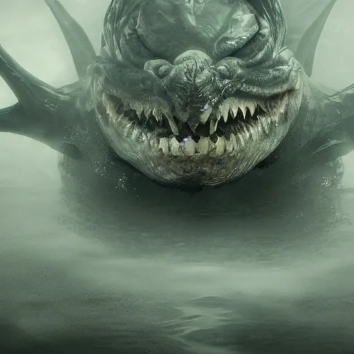 Image similar to sea monster about to eat pov underwater, pale skin, dark yellowish water, foggy water, dark, dramatic,'silent hill ', big eyes, alluring and terrifying, cinematic