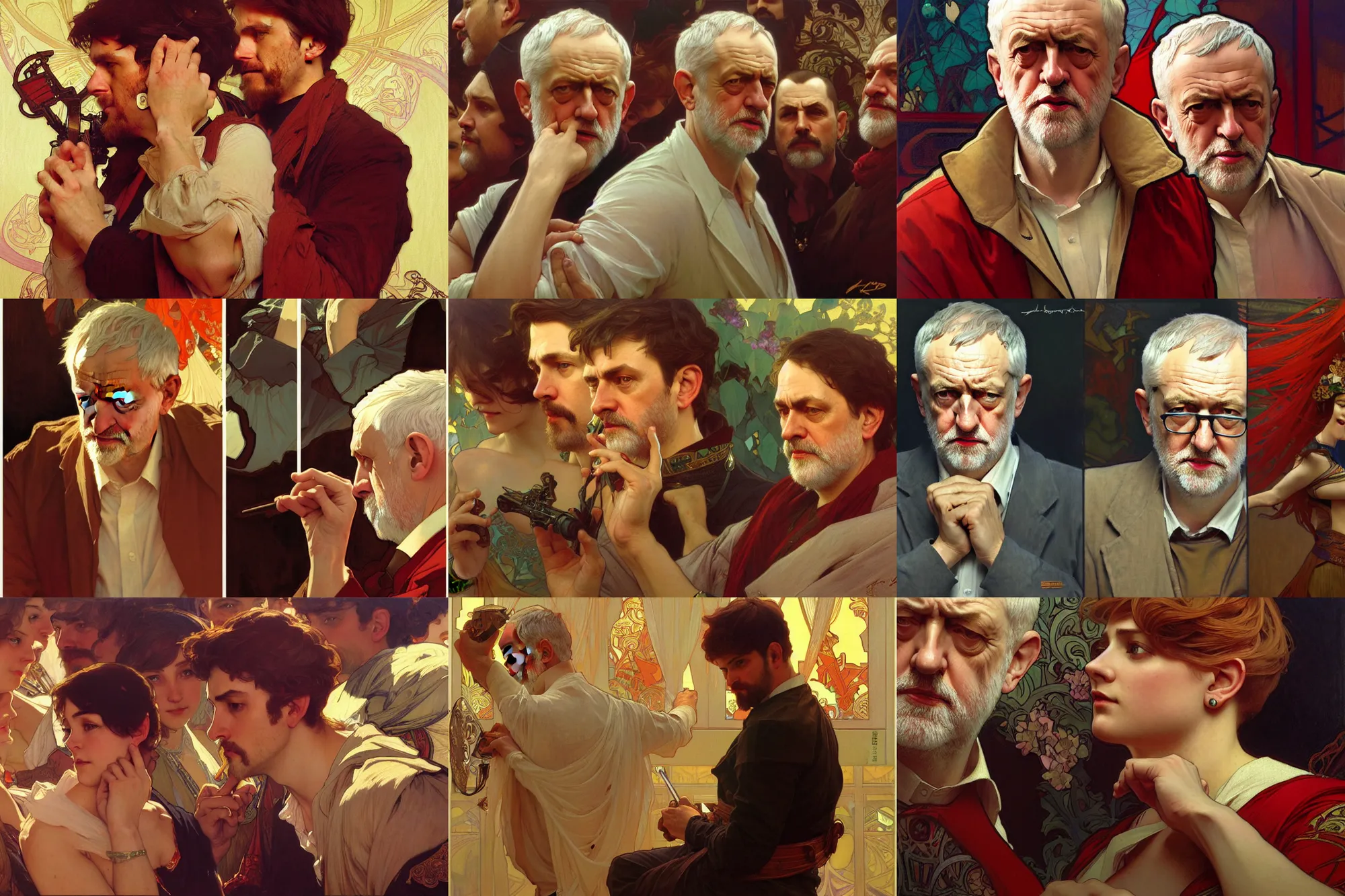 Prompt: jeremy corbyn, nier autoamata, highly detailed painting by ilya kuvshinov, alphonse mucha, gaston bussiere, craig mullins, j. c. leyendecker 8 k