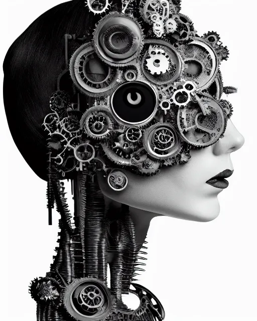Image similar to black and white dreamy foggy profile face portrait, one steampunk eye biomechanical beautiful young female cyclope - cyborg - robot bust, body ribs meshes,, volumetric light, hibiscus flowers, by hg giger, rim light, by dora maar and cecile beaton, big gothic fashion pearl embroidered collar, 8 k