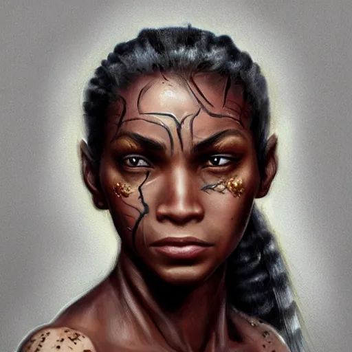 Image similar to beautiful, very strong, african american, female, middle aged, face, no makeup, no tattoos, warrior, battle hardened, head shot, fantasy, highly detailed, digital painting, artstation, concept art, smooth, sharp focus, illustration, art by jodie muir and brom