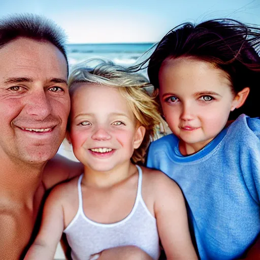 Prompt: portrait of a happy family at the beach wearing clothes, outdoor lighting, realistic, smooth face, perfect eyes, wide angle, sharp focus, high quality, professional photography, photo by annie leibovitz, mark mann