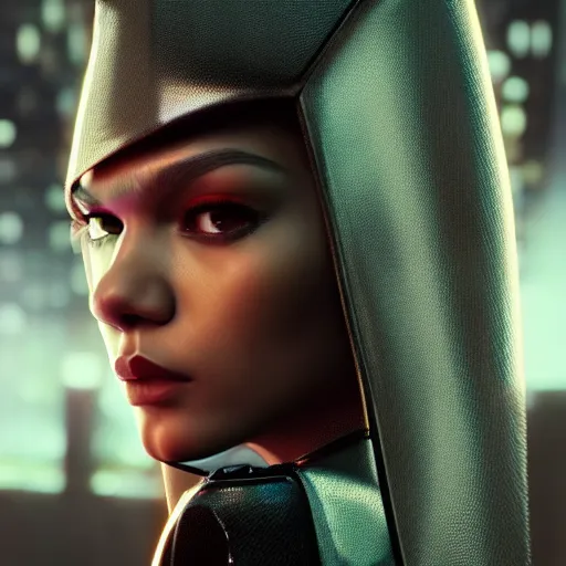 Prompt: full-length portrait of beautiful cyber beautiful Zendaya, cyberpunk, close-up, photorealistic, octane render, 35mm, beautiful big symmetric eyes, coherent, 4k, Unreal Engine, intricate details, concept art, volumetric lighting, trending or artstation, award winning, beautiful scenery, ray tracing