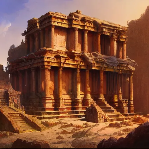 Image similar to detailed concept art of an ancient temple with sunlight filtering in, artstation, award - winning realistic concept art by jim burns and greg rutkowski, beksinski, a concept art masterpiece, red color palette, james gilleard, bruegel, alphonse mucha, and yoshitaka amano.