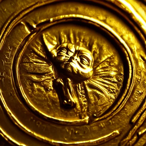 Prompt: An ancient gold coin with the yoda on it , cinematic, hyper realism, high detail, octane render, 8k