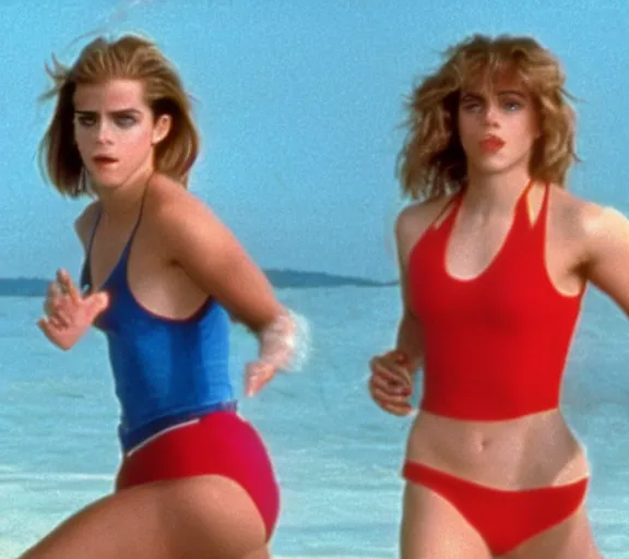 Prompt: color still shot of emma watson on baywatch 1 9 8 9 tv show, running, face closeup,