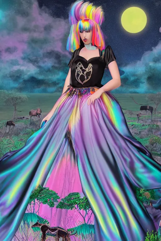 Prompt: Ethereal safari landscape with a pink rainbow sky under a goddess moonstone, black leather and embroidered Lolita dress in velvet, rich color, ramatic cinematic lighting, featured on Artstation, extremely detailed by Lisa Frank