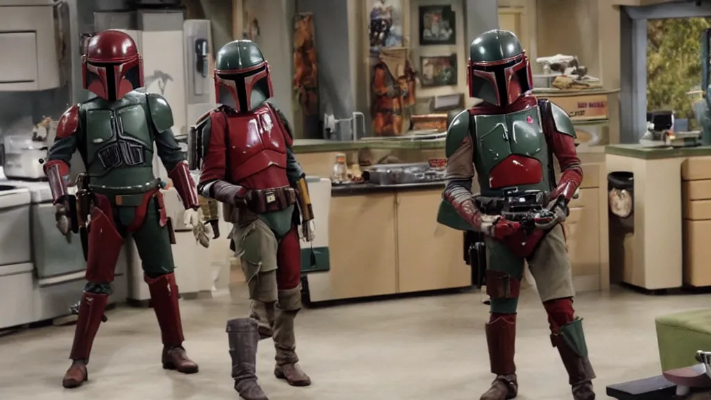 Image similar to still image of boba fett in an episode of the big bang theory, cinematic