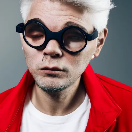 Image similar to young man in red jacket and white shirt, white hair, round goggles, smoking cigarette, character portrait, sharp focus, 4 k