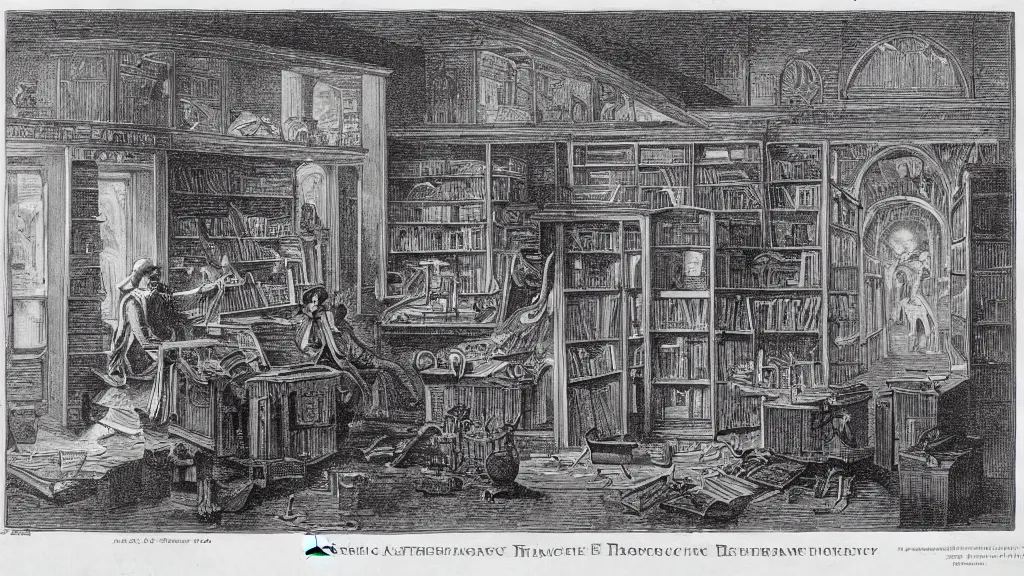 Prompt: engraving of a magic bookstore