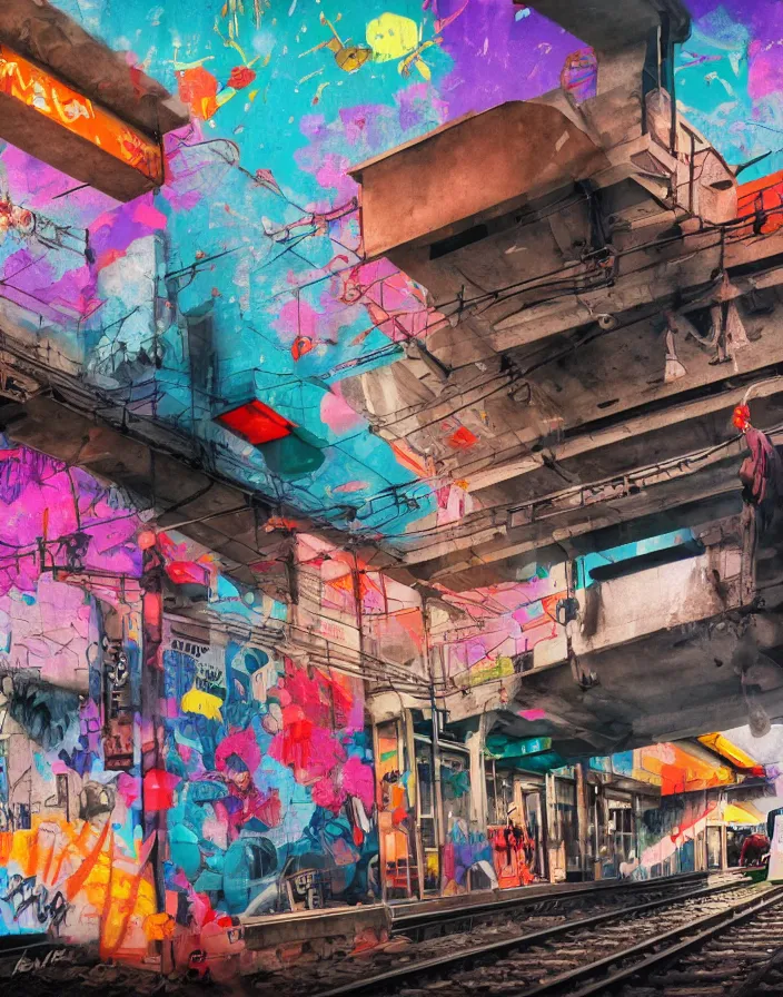 Image similar to semi semi realistic digital painting!! beautiful geisha flying over a colorful subway train yard, grunge, graffiti, tags, dramatic, xray melting colors!!, long lens, shallow depth of field, bokeh, anamorphic lens flare, 8 k, hyper detailed, 3 5 mm film grain