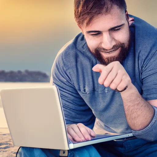 Prompt: photo of happy man working on laptop at beach, perfect face, fine details, 4 k, bokeh