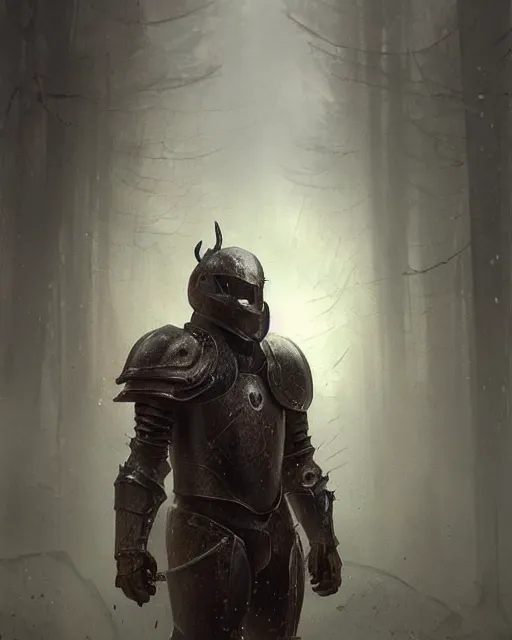 Image similar to Hyper realistic painting of an empty suit of rusty medieval full plate armour, dark fantasy, fantasy armor, hyper detailed, by greg rutkowski, surrounded by dark fog, trending on artstation