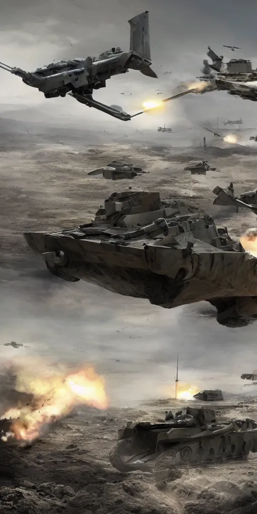 Prompt: concept art, world war iii, battlefield scenes, unmanned aerial vehicles, unmanned armored vehicles, unmanned tanks, soldiers'remote command operations, launch kinetic energy weapons, launch tracking missiles, armor piercing missiles, drag light missiles, backlight, future technology, smooth lines, high detail, 8 k, octane rendering, unreal engine.