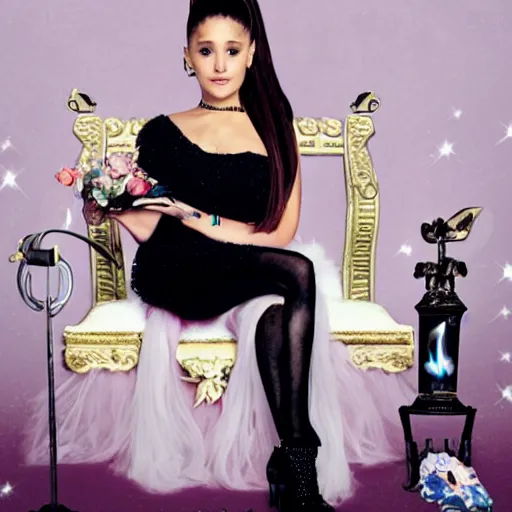 Image similar to Ariana Grande as the queen of spades sitting on a throne with legs crossed