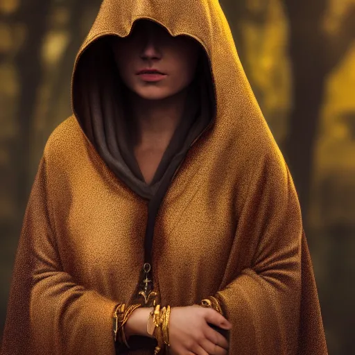 Prompt: a portrait of a young woman wearing a long dark cloak, hood and shadows covering face, holding golden chains, oil painting, Volumetric Golden dappled dynamic lighting, Highly Detailed, Cinematic Lighting, Unreal Engine, 8k, HD