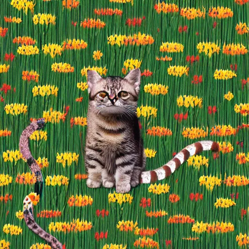 Image similar to Cat with snake color stripes walking in a flowery field, ultra-realistic