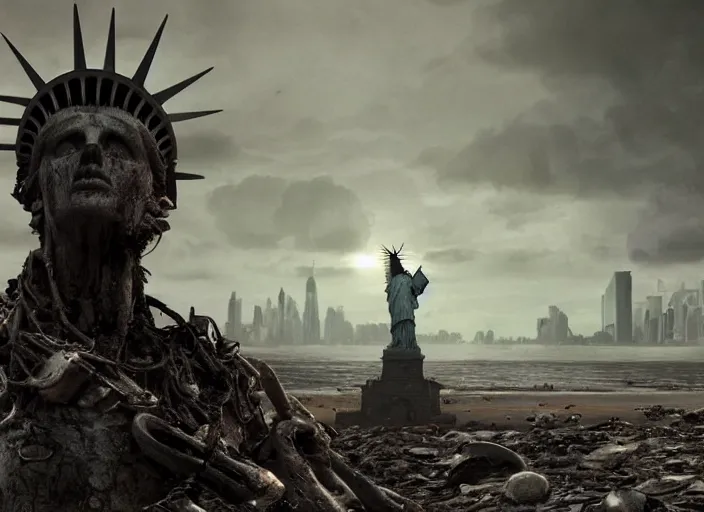 Image similar to a Photorealistic dramatic hyperrealistic render of a ruined destroyed decayed statue of liberty on a desolate beach in a post-apocalyptic world, futuristic nuclear apocalyptic planet of the apes vibe, by WLOP and Artgerm and Greg Rutkowski and Alphonse Mucha, Beautiful dynamic dramatic dark moody lighting, shadows, cinematic atmosphere, Artstation, concept design art, Octane render, 8K, masterpiece
