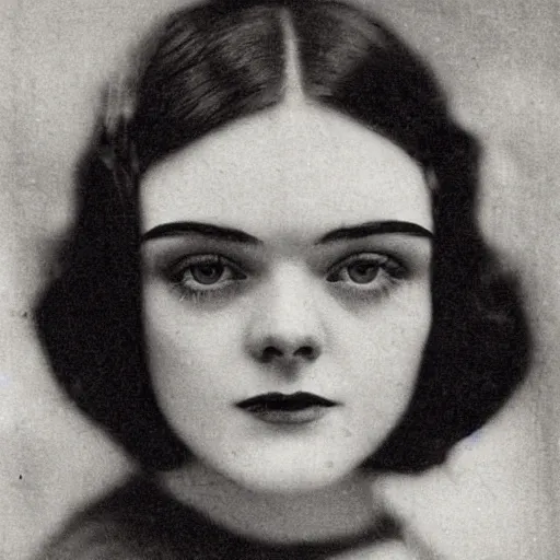 Prompt: headshot edwardian photograph of middle - aged elle fanning, 1 9 2 0 s film actress, realistic face, 1 9 3 0 s, grainy, victorian, detailed, slightly blurry