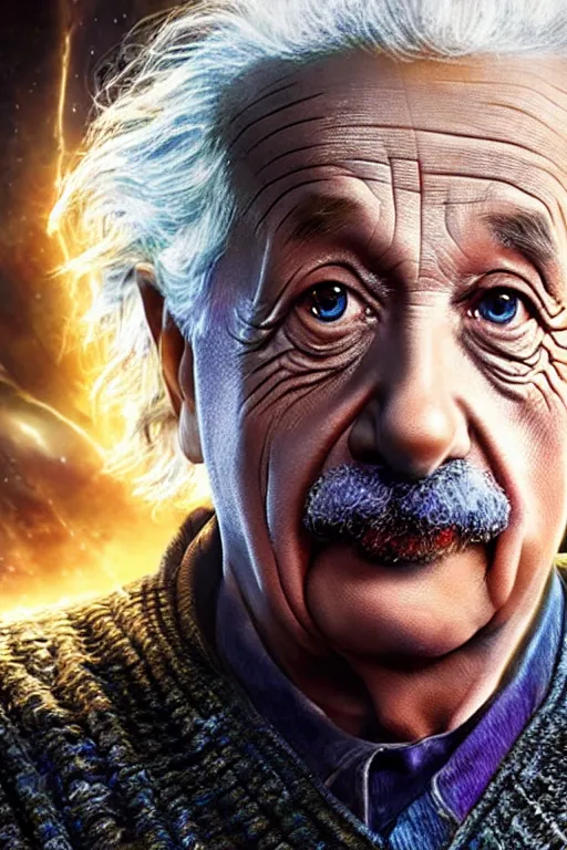 Prompt: A still of Albert Einstein as Thanos in Avengers Endgame, close-up, sigma male, rule of thirds, award winning photo, unreal engine, studio lighting, highly detailed features, interstellar space setting