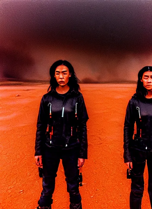 Image similar to cinestill 5 0 d photographic portrait of two loving clones, women wearing rugged black techwear on a desolate plain with a red sky, extreme closeup, diverse species, cyberpunk, in front of a brutalist dark metal facility, dust storm, 3 5 mm, 8 k, f / 3 2, high resolution, ultra realistic faces, beautiful faces