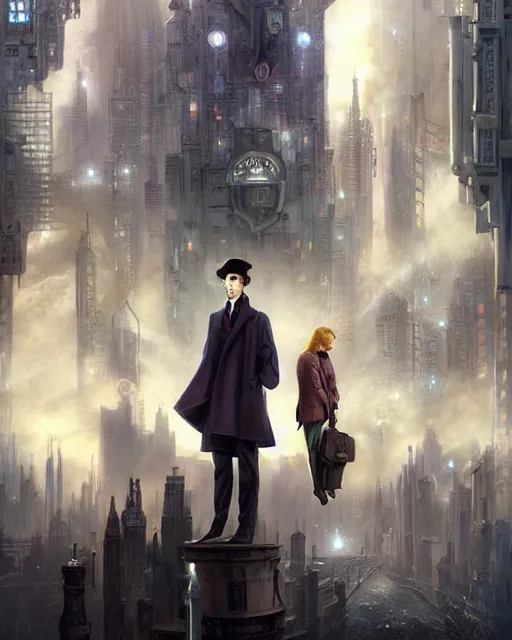 Prompt: sherlock holmes in a futuristic city, soft colours, detailed, realistic, digital art, by alayna lemmer, by tom bagshaw