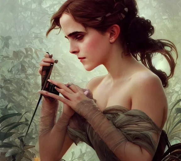 Image similar to photography of sensual emma watson, deep focus, intricate, elegant, highly detailed, digital painting, artstation, concept art, matte, sharp focus, illustration, art by artgerm and greg rutkowski and alphonse mucha and gil elvgren