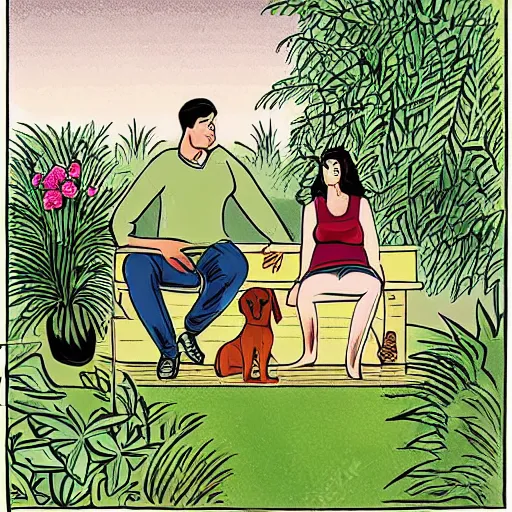 Prompt: a man and a woman sitting on a bench surrounded by plants, a dog sleeping by their feet, cartoon,