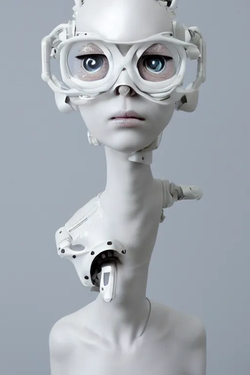 Image similar to full head and shoulders, beautiful female porcelain sculpture with lots of white 3 d cyborg elements, prosthetics, 3 d goggles, smooth, all white features on a white background, delicate facial features, white eyes, white lashes, detailed white, anatomical, transparency by daniel arsham and james jean