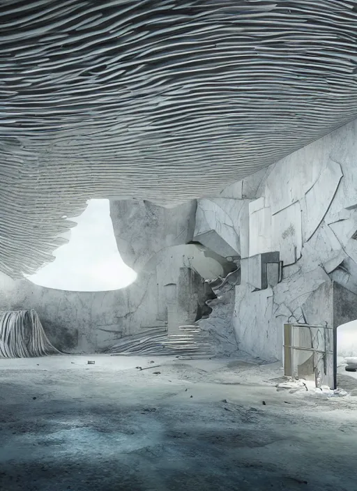 Image similar to art exhibition, architecture installation in biennale venezia, bioremediation white mining tailing futuristic horizontal architecture, epic, cinematic, hyperealistic, high detailed, corona render, hdr, ray tracing