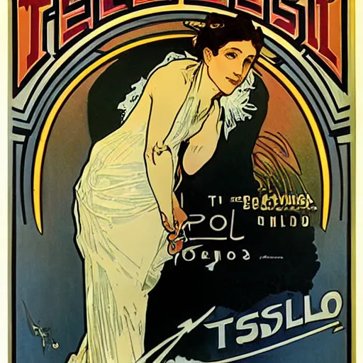 Image similar to Advertising for Tesla car by Alphonse Mucha