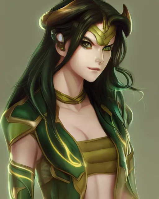 Prompt: Female Loki anime character beautiful digital illustration portrait by Ross Tran, artgerm detailed, soft lighting