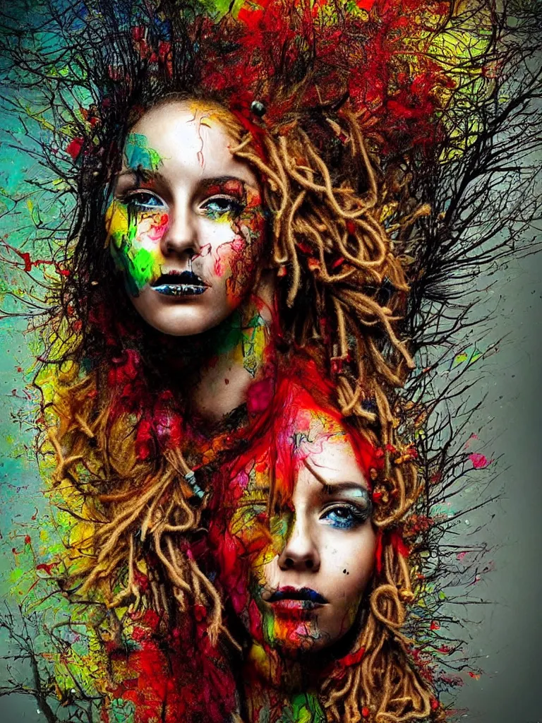 Image similar to a stunningly beautiful woman with blonde dreadlocks, in the style of artur bordalo, in a fractal environment